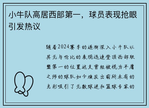 小牛队高居西部第一，球员表现抢眼引发热议