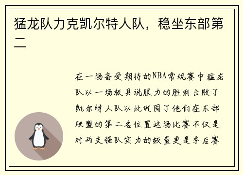猛龙队力克凯尔特人队，稳坐东部第二